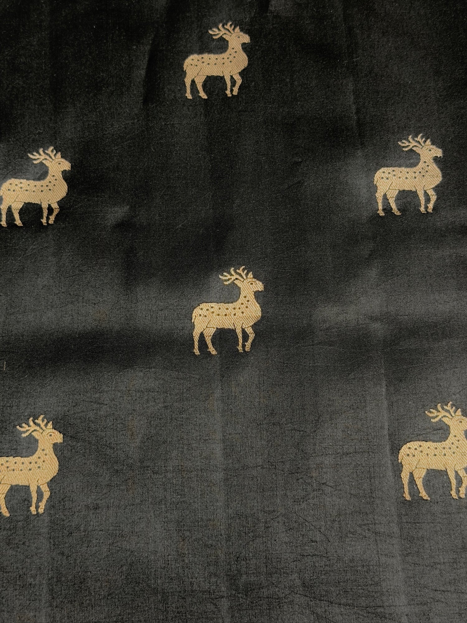 VIRASAT 370: Night Black Pure Mashru Silk Saree with Gold Zari Animal Motifs