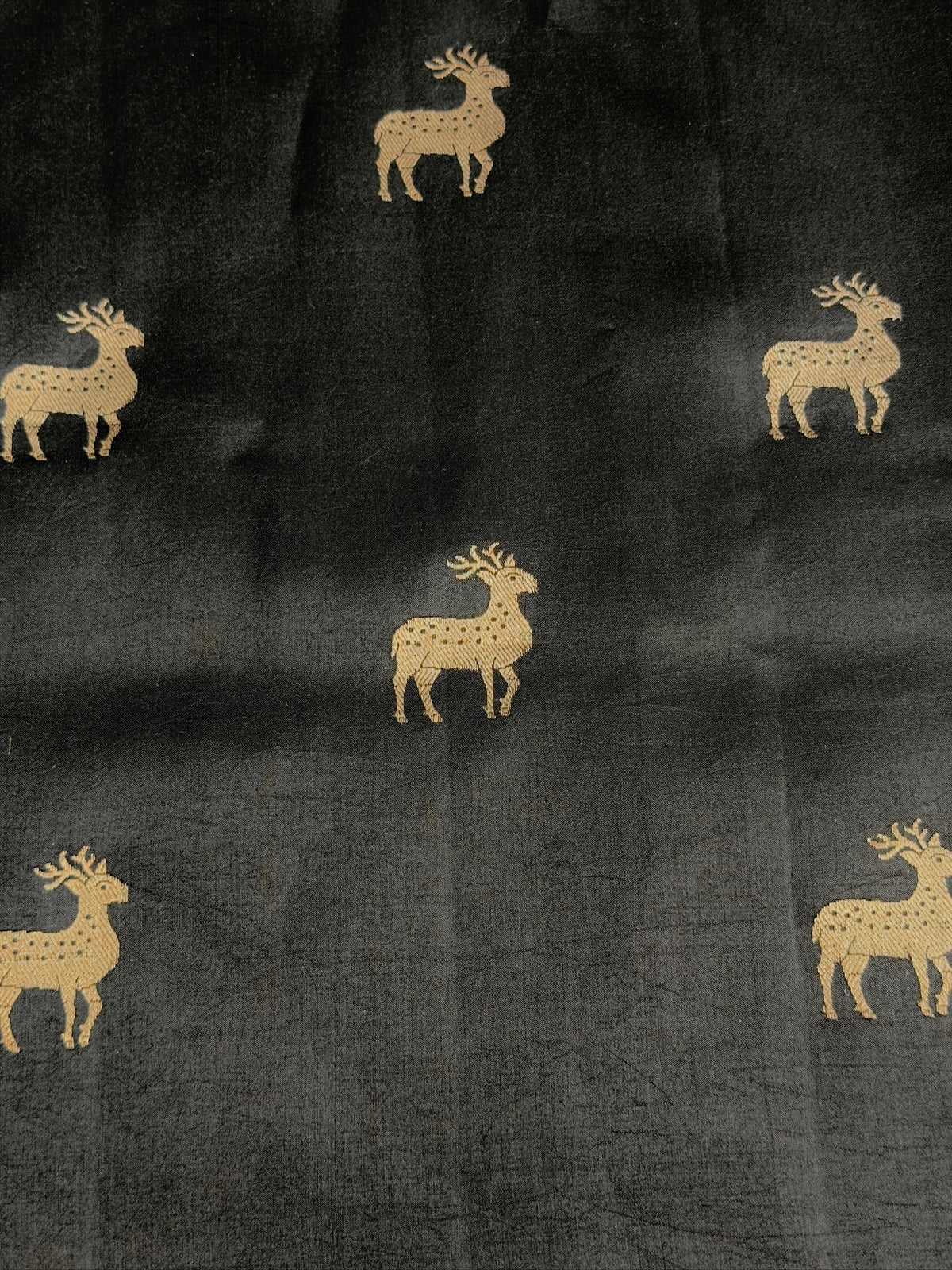 VIRASAT 370: Night Black Pure Mulberry Silk Saree with Gold Zari Animal Motifs