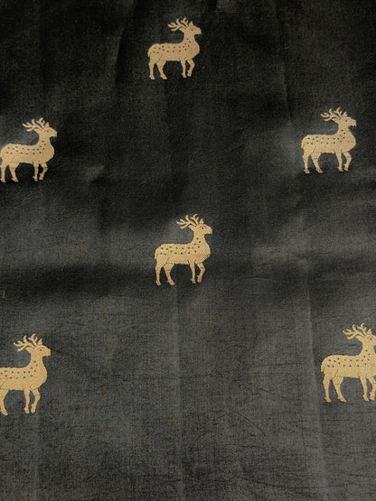 VIRASAT 370: Night Black Pure Mashru Silk Saree with Gold Zari Animal Motifs