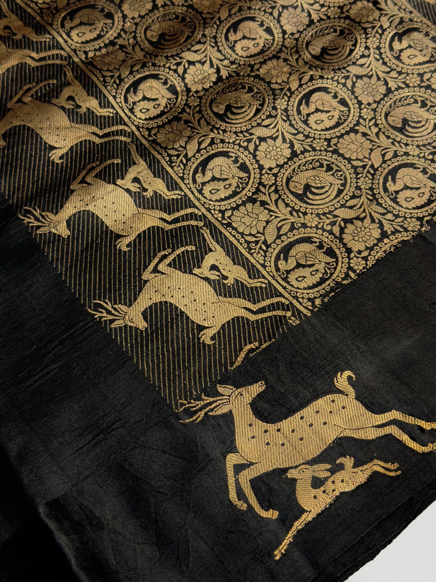 VIRASAT 370: Night Black Pure Mashru Silk Saree with Gold Zari Animal Motifs
