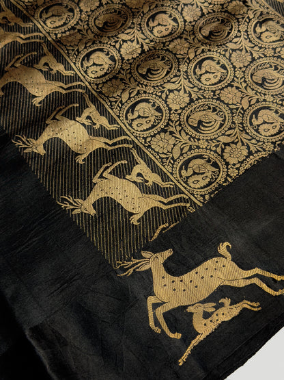 VIRASAT 370: Night Black Pure Mashru Silk Saree with Gold Zari Animal Motifs