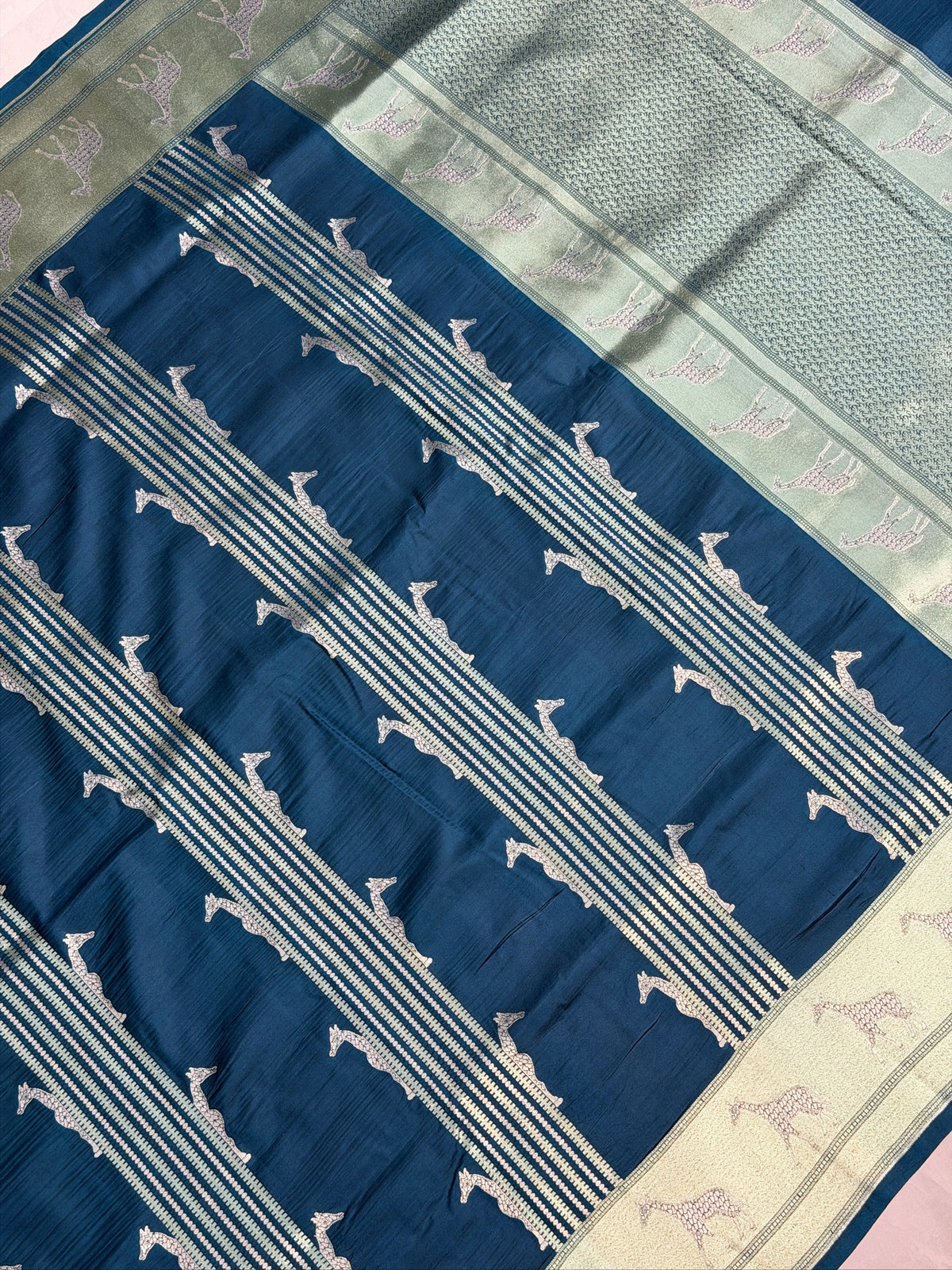 VIRASAT 364: Crystal Teal Blue Pure Katan Silk Saree with Gold &amp; Silver Zari Animal Stripe Design