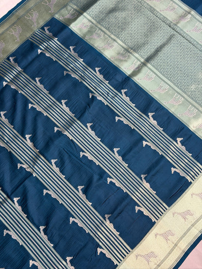 VIRASAT 364: Crystal Teal Blue Pure Katan Silk Saree with Gold &amp; Silver Zari Animal Stripe Design