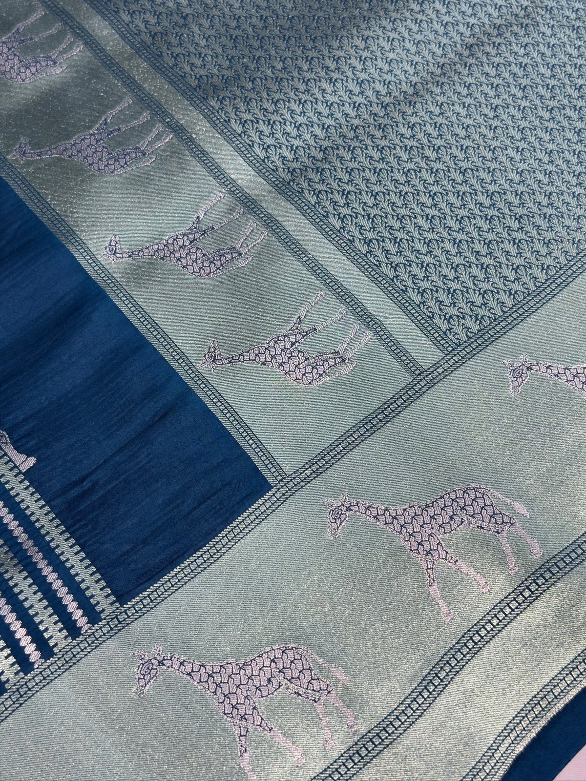 VIRASAT 364: Crystal Teal Blue Pure Katan Silk Saree with Gold &amp; Silver Zari Animal Stripe Design