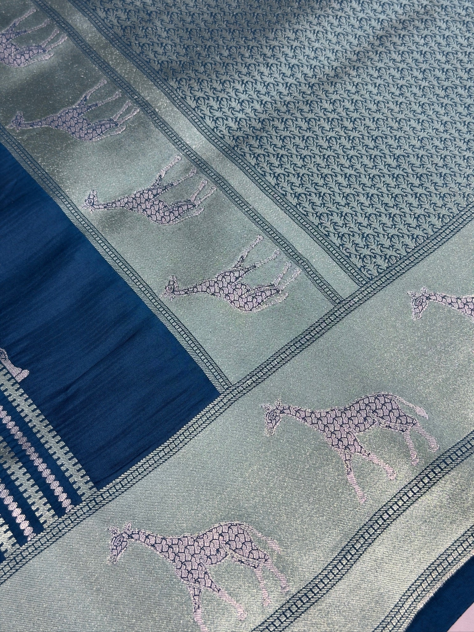 VIRASAT 364: Crystal Teal Blue Pure Katan Silk Saree with Gold &amp; Silver Zari Animal Stripe Design