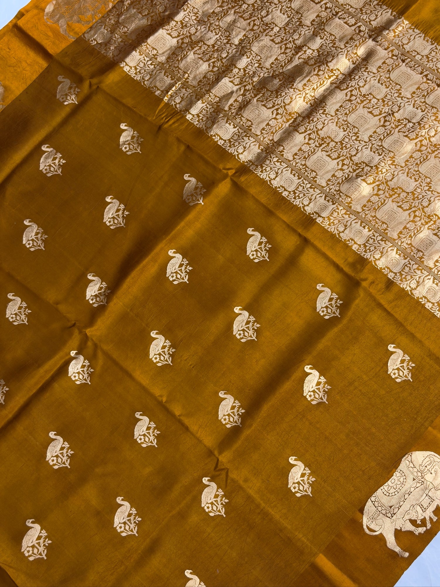 VIRASAT 369: Ochre Yellow Pure Mashru Silk Saree with Zari Animal Motifs