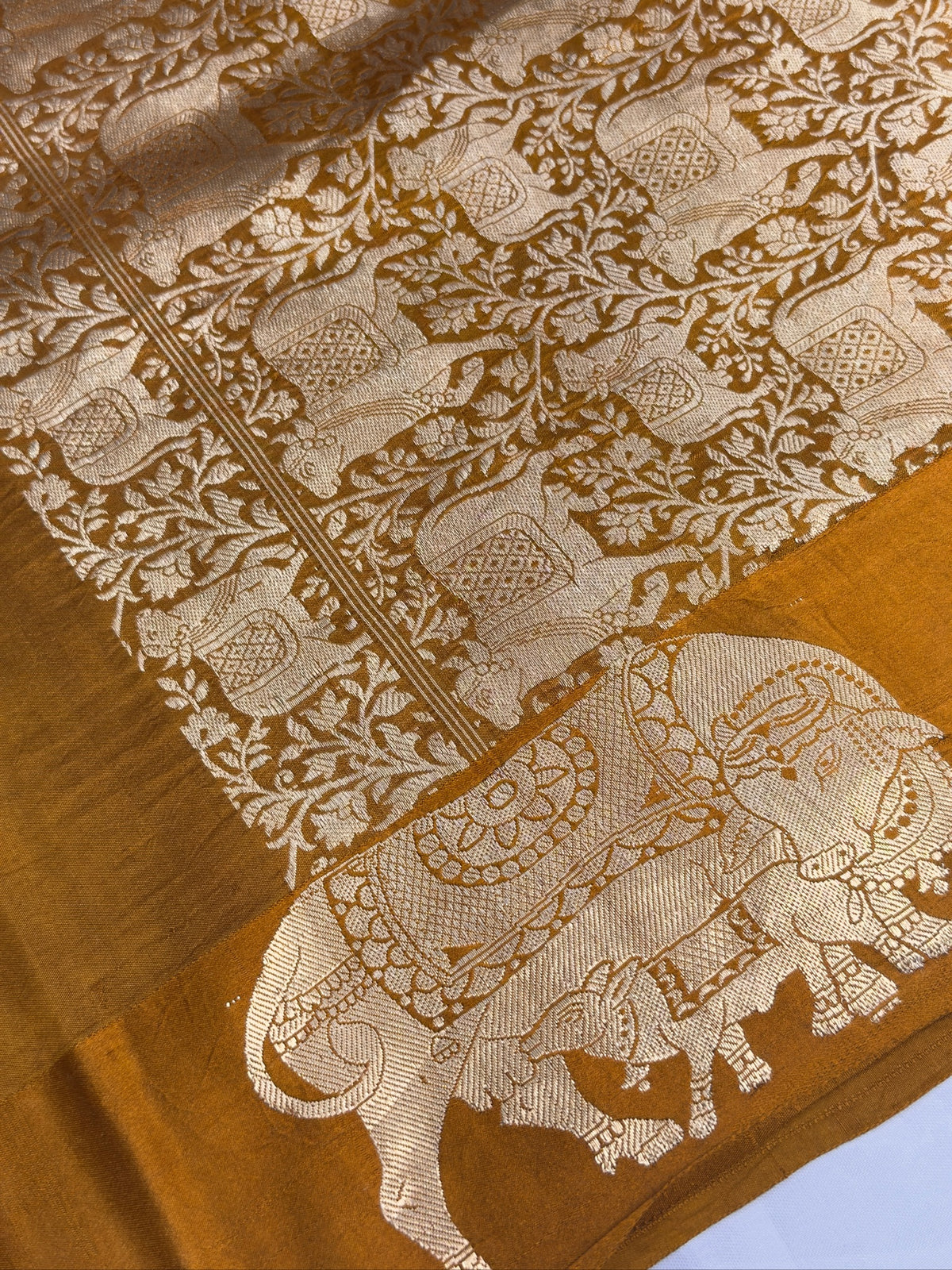 VIRASAT 369: Ochre Yellow Pure Mulberry Silk Saree with Zari Animal Motifs