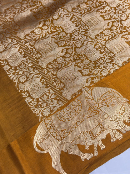 VIRASAT 369: Ochre Yellow Pure Mashru Silk Saree with Zari Animal Motifs