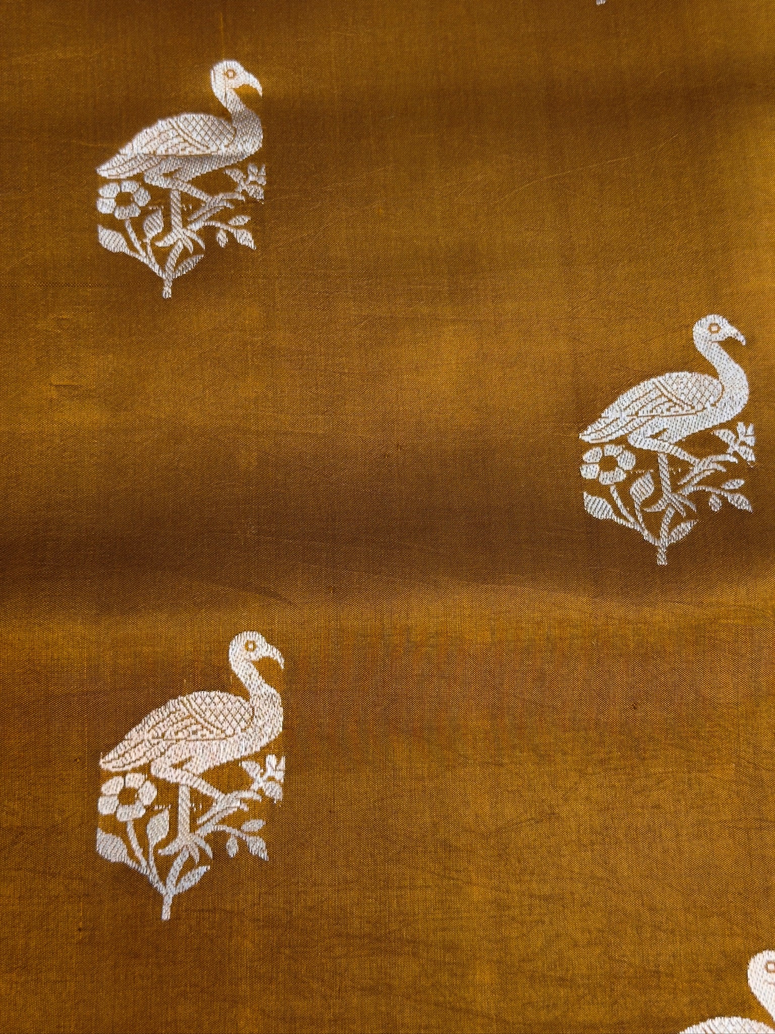 VIRASAT 369: Ochre Yellow Pure Mashru Silk Saree with Zari Animal Motifs