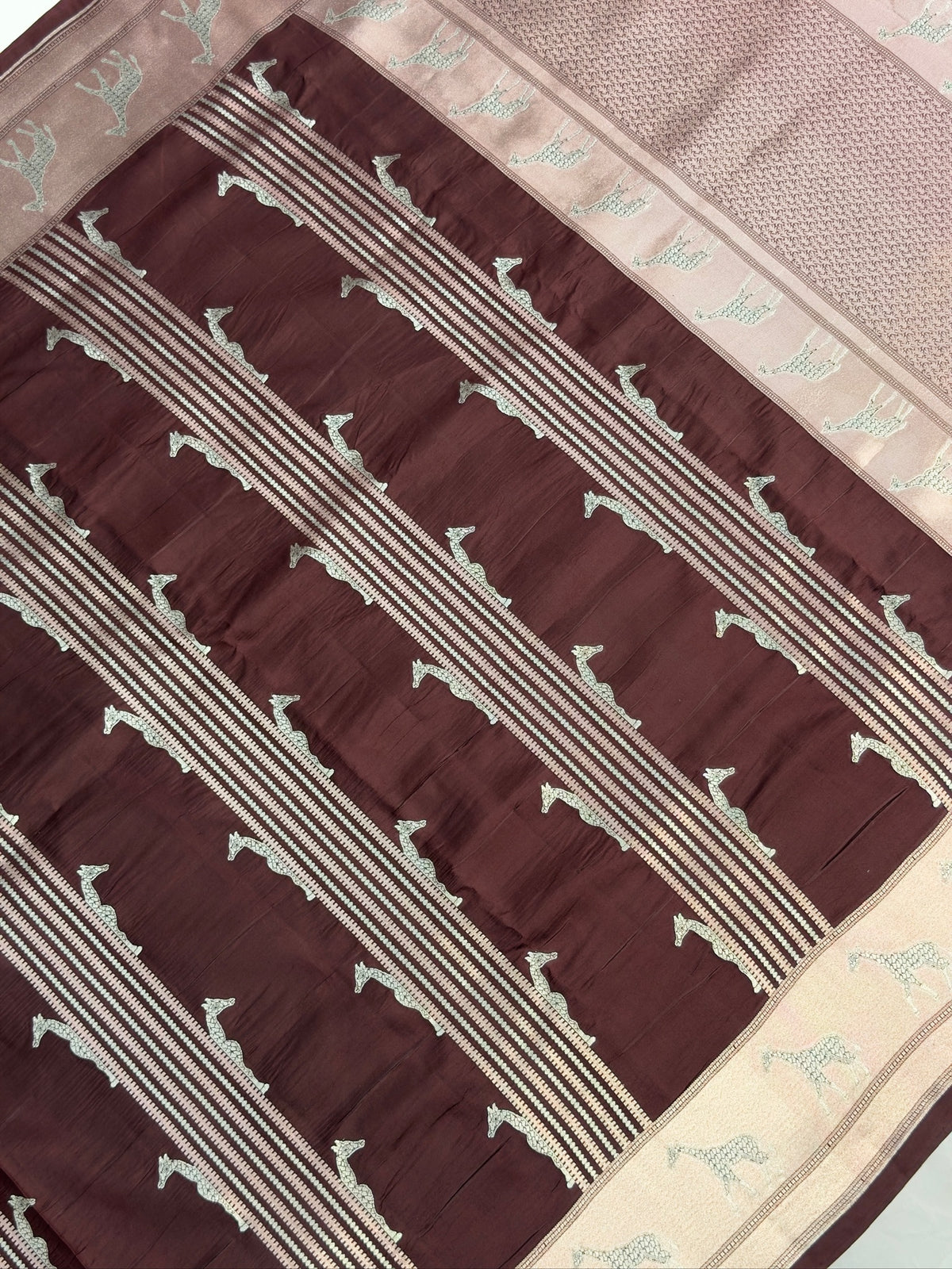 VIRASAT 365: Deep Coffee Pure Katan Silk Saree with Gold &amp; Copper Zari Animal Stripe Design