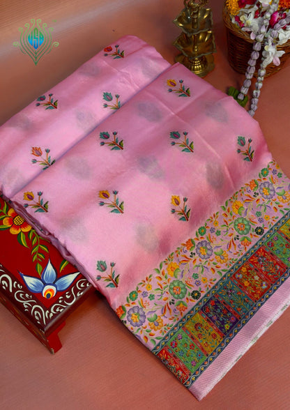 Waah Banaras 159: Lotus Pink Soft Silk Saree with Multicolor Position Print and Floral Border