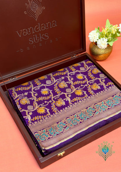 VIRASAT 419: Royal Purple Pure Handloom Floral Jaal Meenakari Saree | Silk Mark Certified
