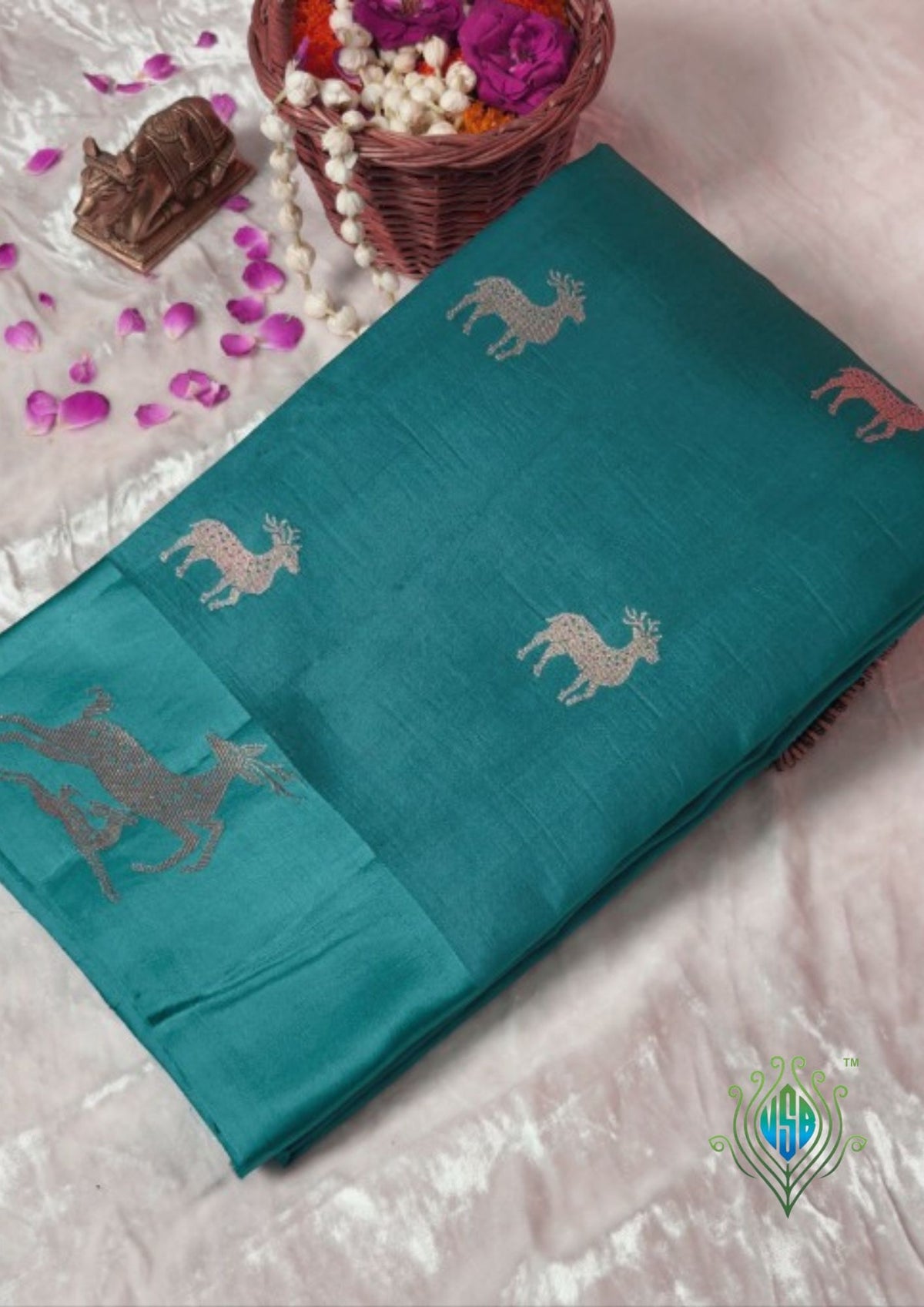 VIRASAT 370: Night Black Pure Mulberry Silk Saree with Gold Zari Animal Motifs