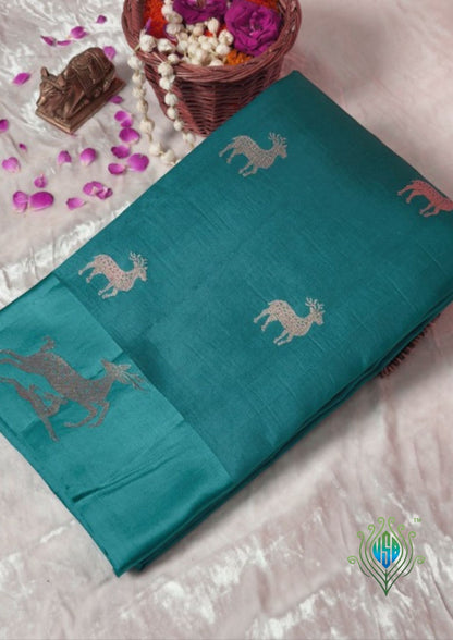 VIRASAT 370: Night Black Pure Mulberry Silk Saree with Gold Zari Animal Motifs
