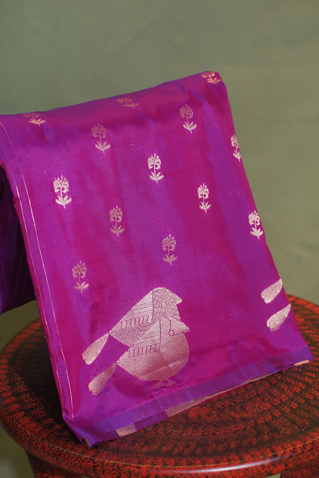 Magenta Raw Silk Banarasi Saree with Zari Buti &amp; Bird Border
