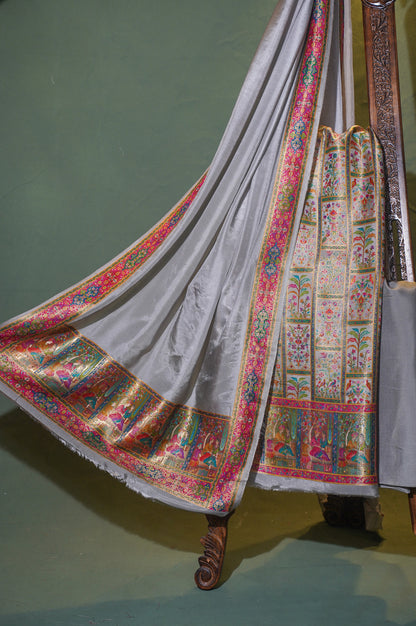 Metallic Slate Grey Meenakari Brocade Silk Suit Set