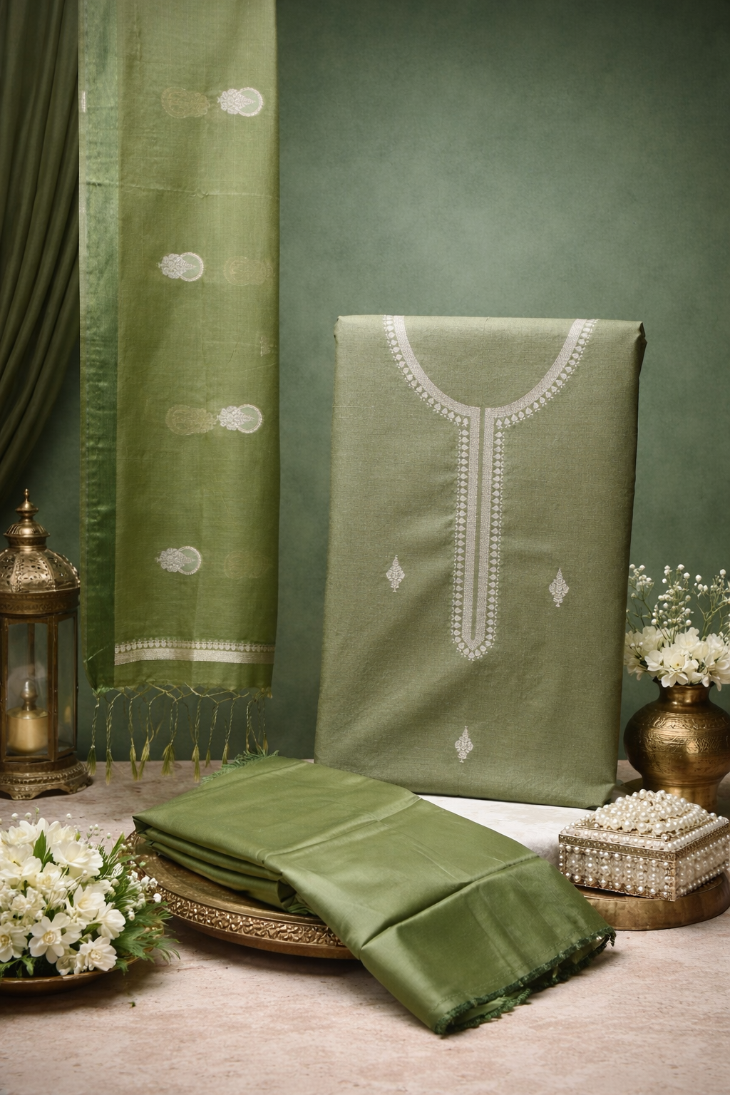 MANSI 119: Olive Green Raw Silk Unstitched Suit Set with Elegant Gold Zari Work