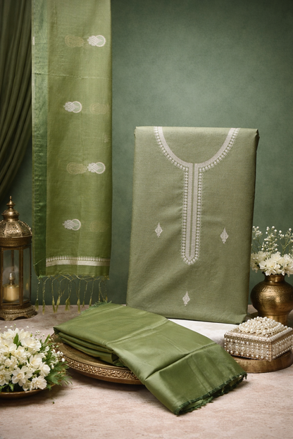 MANSI 119: Olive Green Raw Silk Unstitched Suit Set with Elegant Gold Zari Work