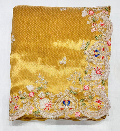 German Tissue Saree with Gold Foil Print, Nine-Yard Ajmeri Gota & Danka Work