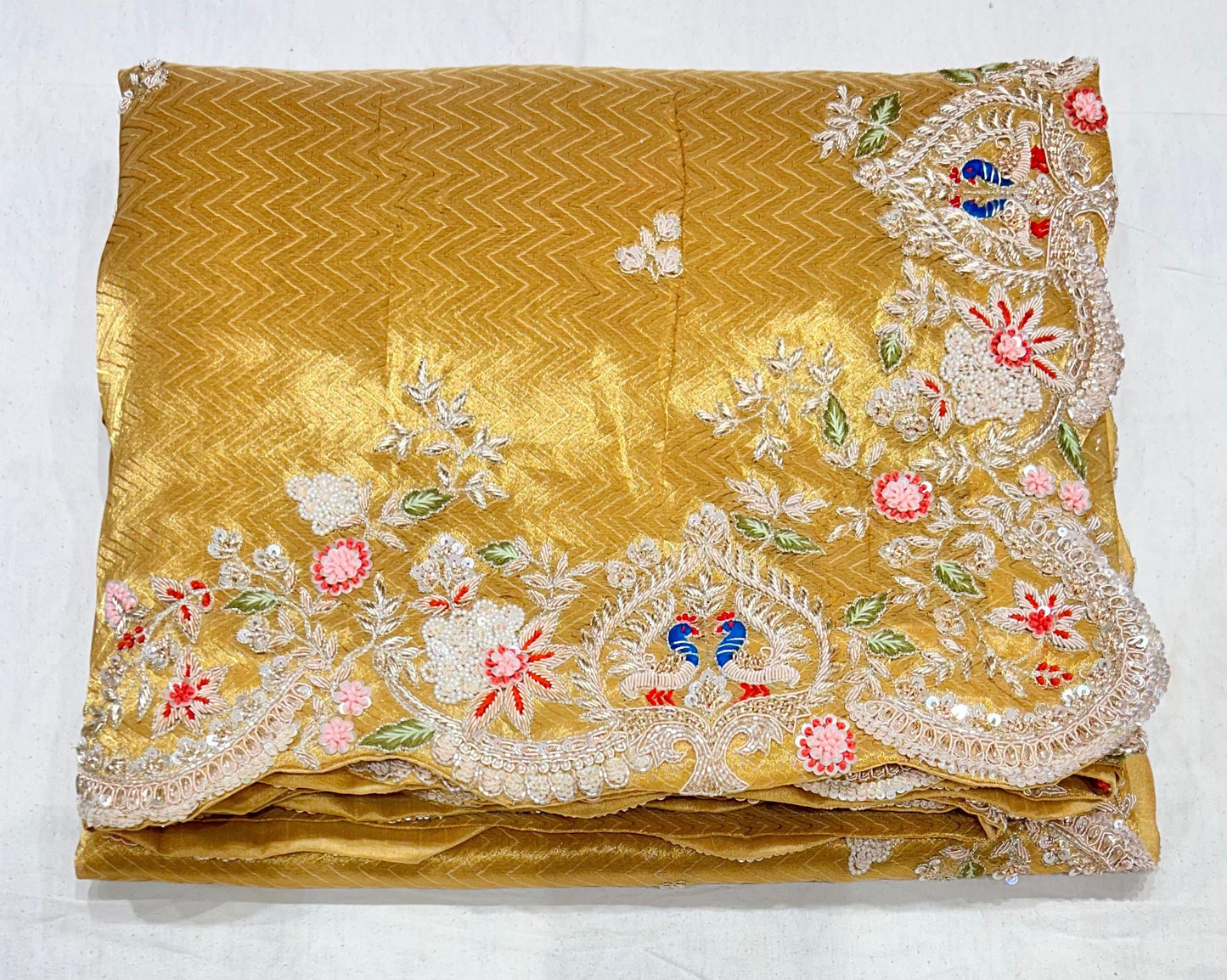 German Tissue Saree with Gold Foil Print, Nine-Yard Ajmeri Gota & Danka Work