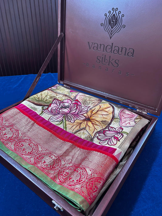 Gajgamini: Handwoven Pure Silk Saree with Intricate Elephant Border and Pichwai Print