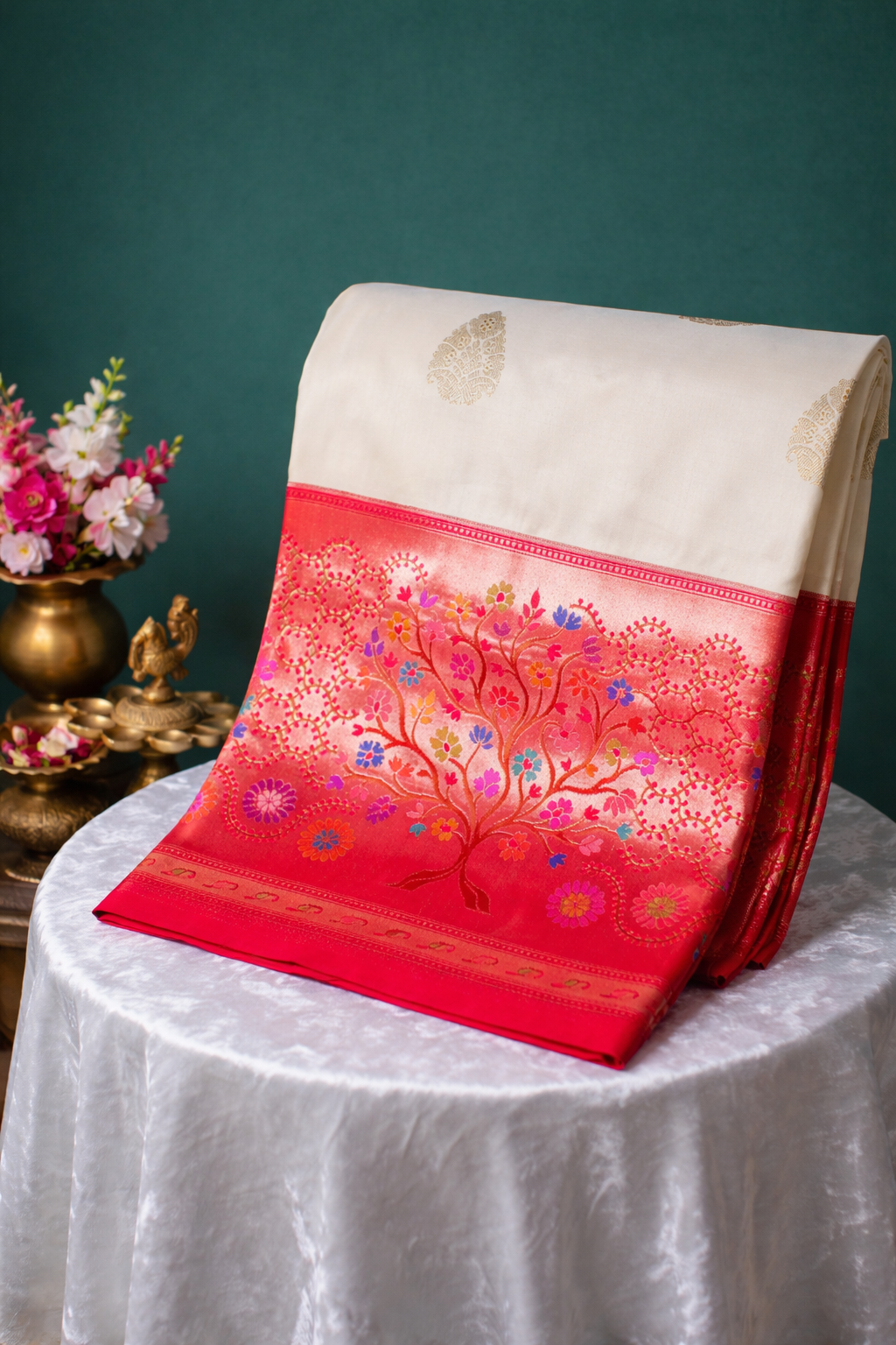 Pure Handloom Katan Silk Banarasi Saree with Kadiyal Border &amp; Palla