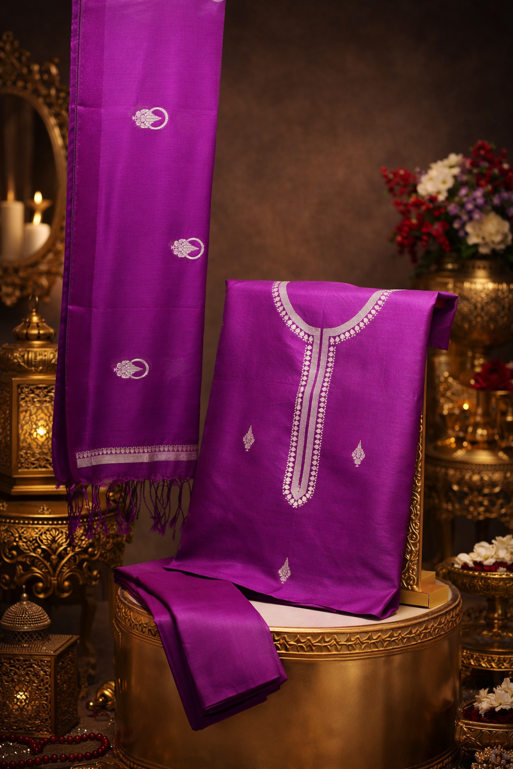 MANSI 117: Pure Magenta Raw Silk Unstitched Suit Set with Elegant Gold Zari Work