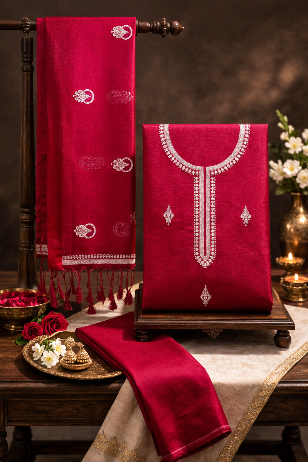 MANSI 118: Pure Red Raw Silk Unstitched Suit Set with Elegant Gold Zari Work