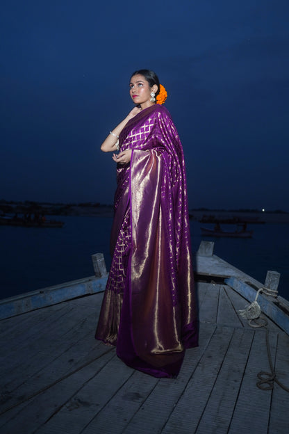 Purple Pure Katan Silk Banarasi Handloom Saree