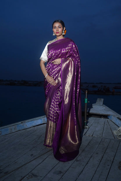 Purple Pure Katan Silk Banarasi Handloom Saree