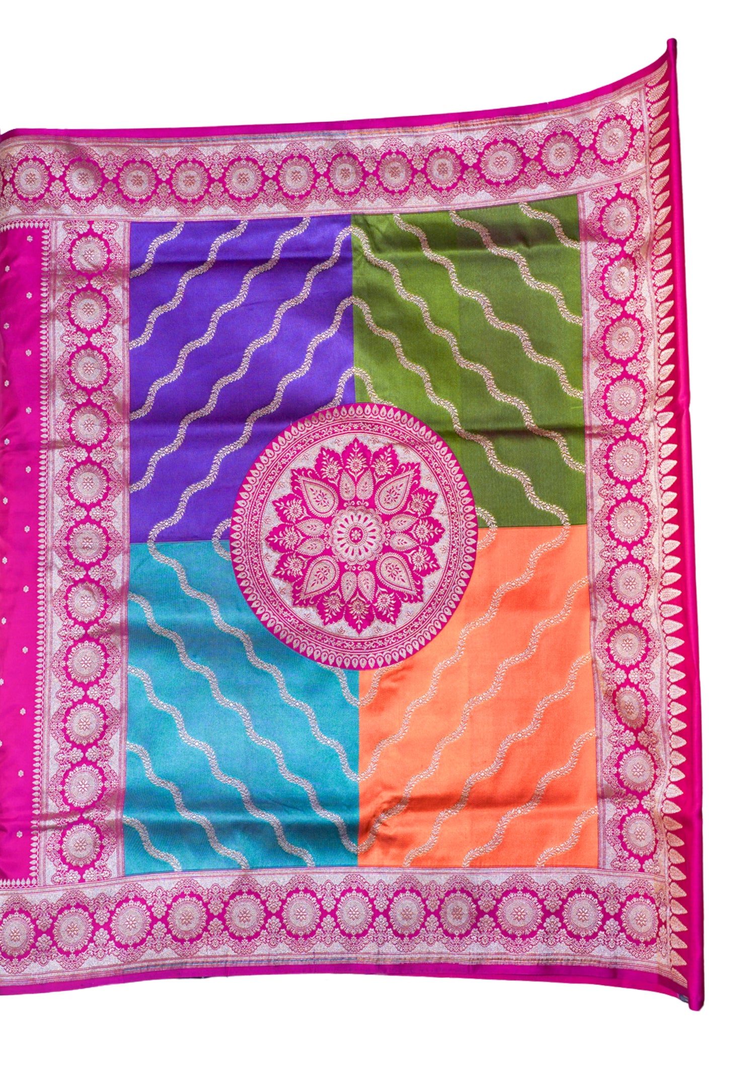 "WAAH BANARAS 100" Banarasi Chaarbagh Rangkaat Satan Silk Saree 100% Pure Vegan