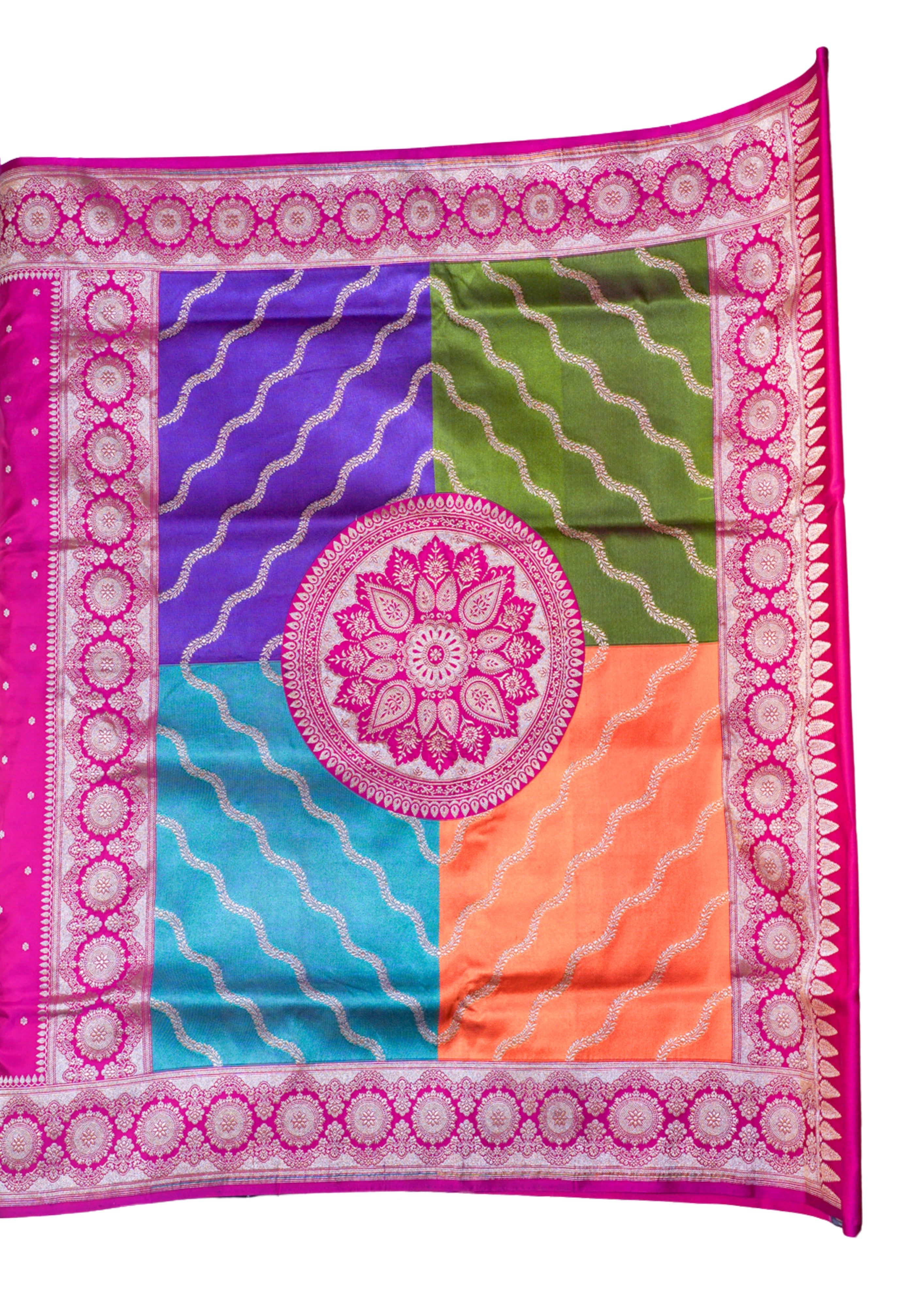 "WAAH BANARAS 100" Banarasi Chaarbagh Rangkaat Satan Silk Saree 100% Pure Vegan