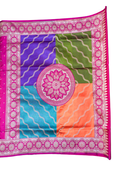 "Waah Banaras 100" Banarasi Chaarbagh Rangkaat Satan Silk Saree 100% Pure Vegan