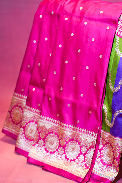 "Waah Banaras 100" Banarasi Chaarbagh Rangkaat Satan Silk Saree 100% Pure Vegan