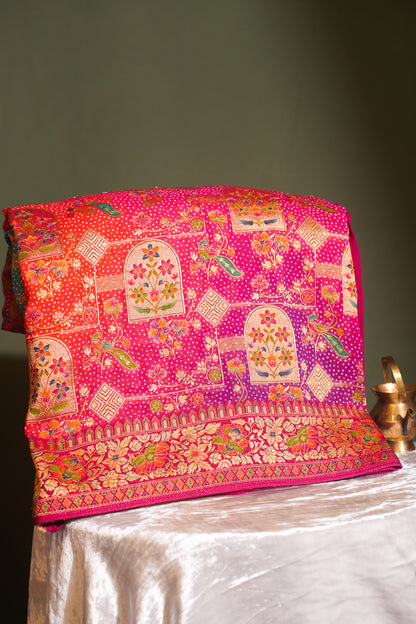 Rani Georgette Silk Saree with Multicolor Meenakari Weave