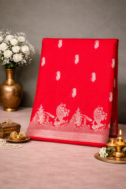 WAAH BANARAS 102: Crimson Pink Semi Katan Silk Saree with Classic Zari Motifs