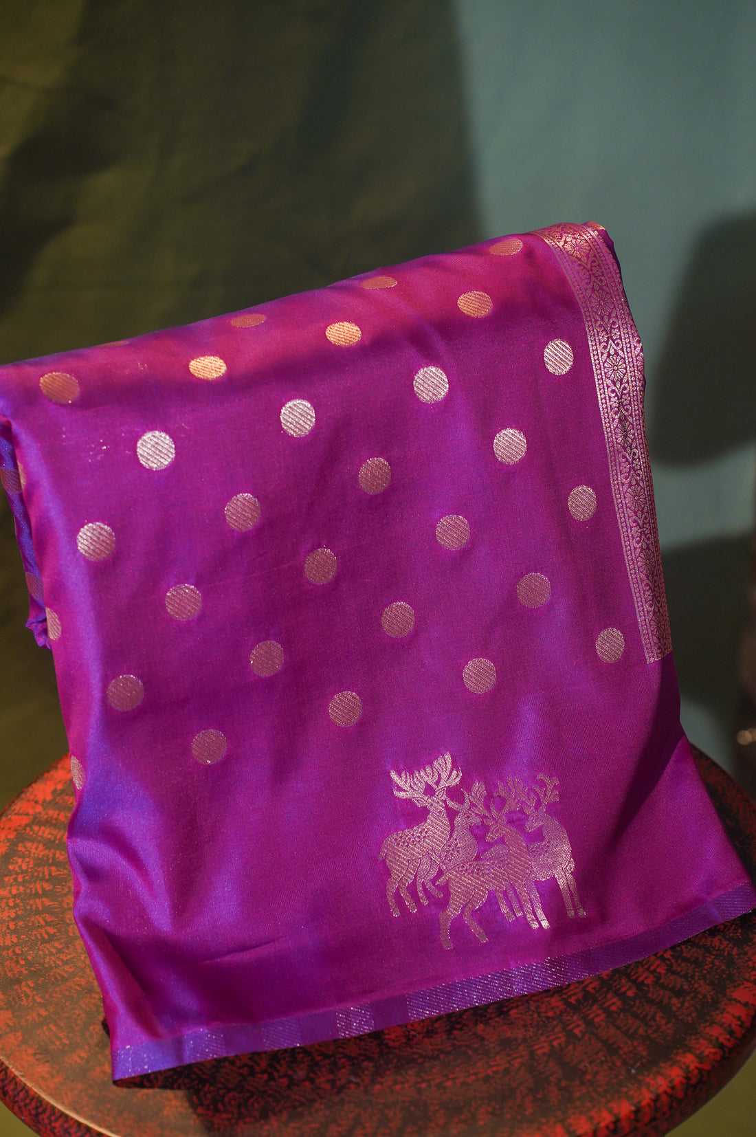 Rose Deep Pink Raw Silk Banarasi Saree with Zari Polka Dot &amp; Deer Border
