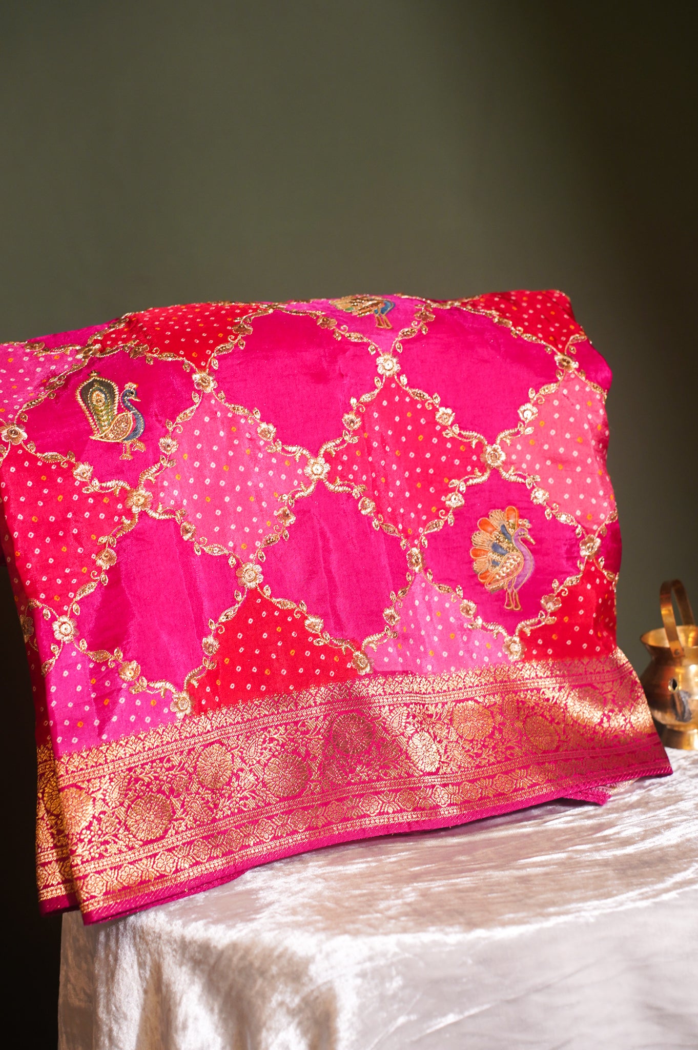 Rose Pink Banarasi Silk Saree with Multicolor Chunari Print &amp; Zari Sequence Work