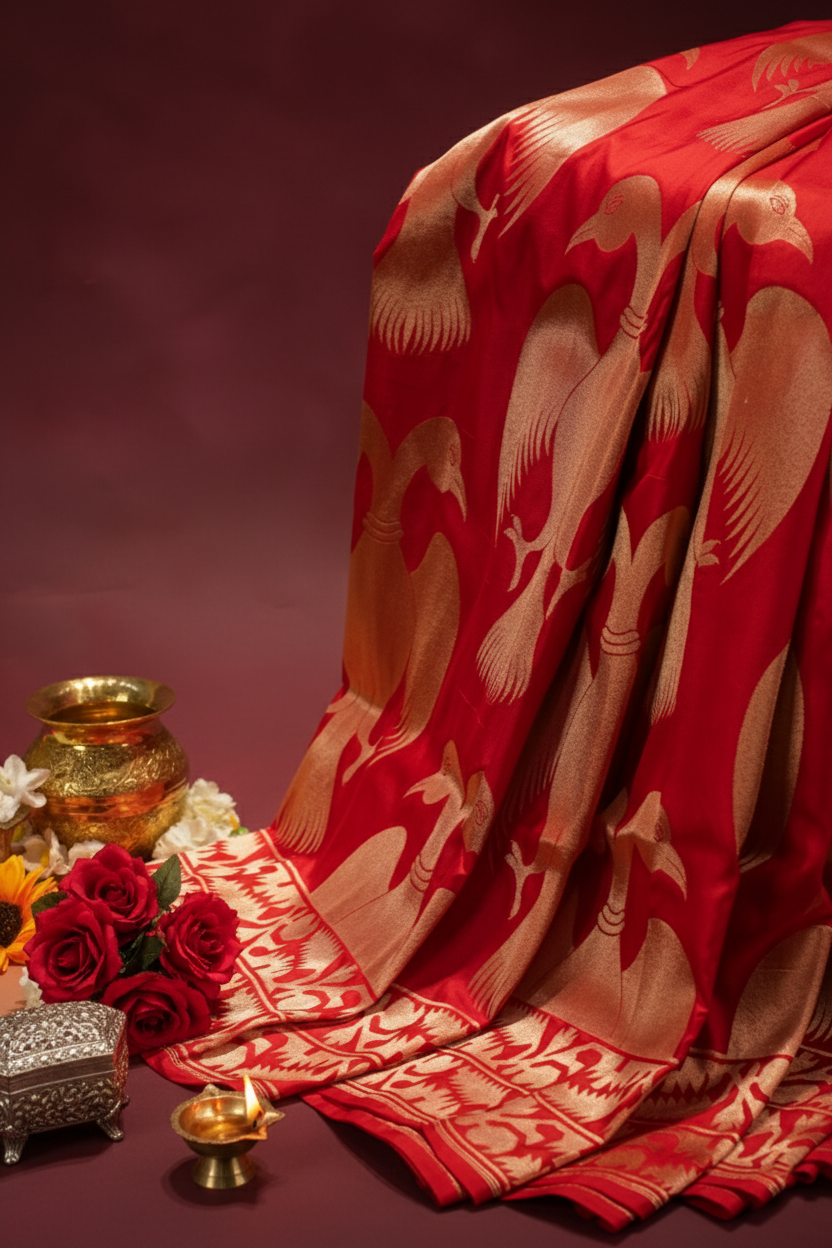 "Virasart 248" Banarasi Red Pure Katan Uppada Silk Saree With Double-Headed Eagle Motif