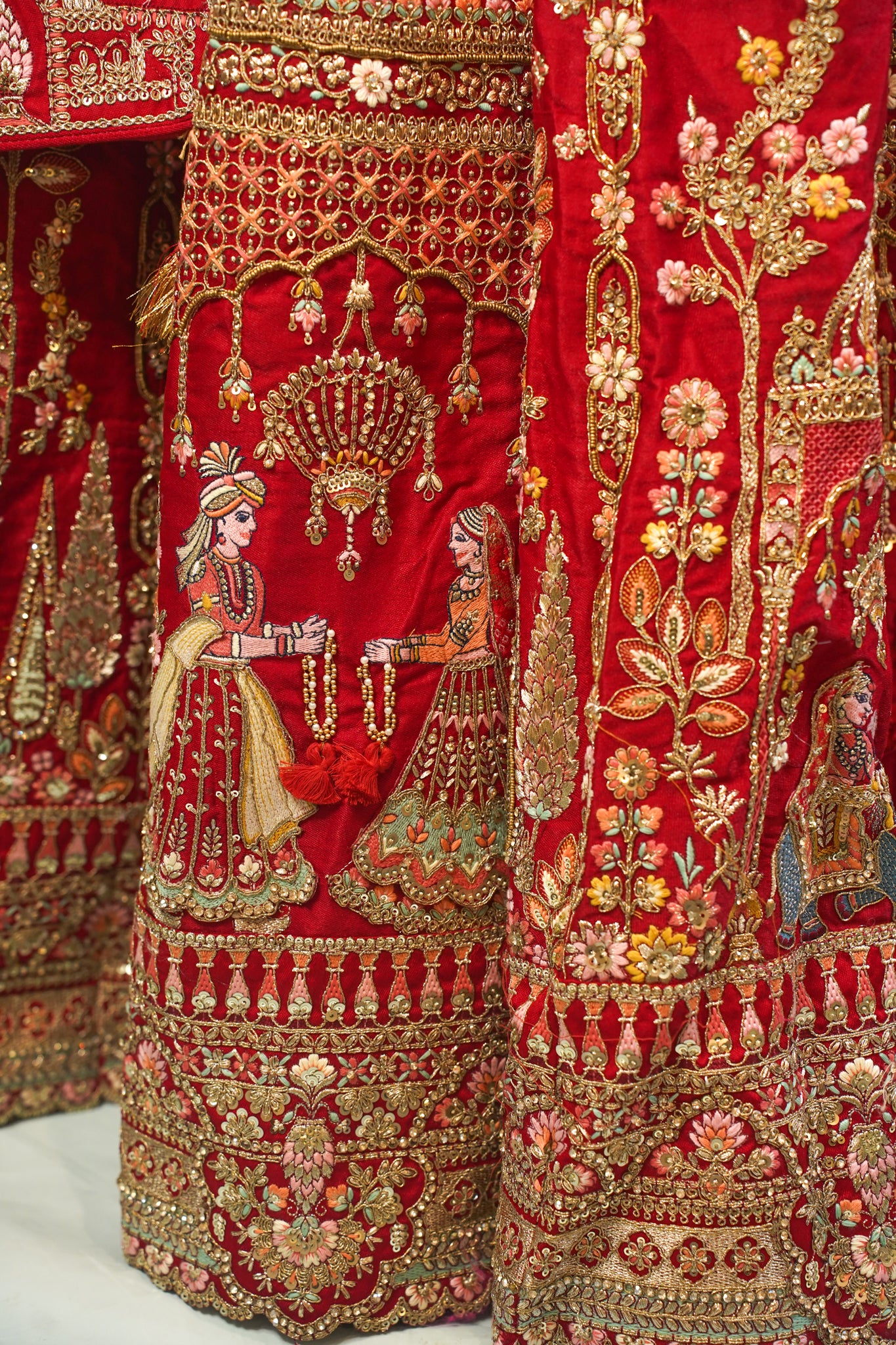 "MANSI 036" Banarasi Munga Silk Lehenga in Bridal Red With Cutwork Border & AD Work – A Regal Masterpiece