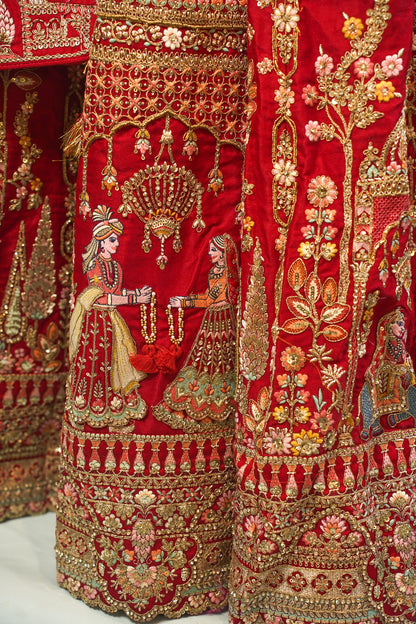"MANSI 036" Banarasi Munga Silk Lehenga in Bridal Red With Cutwork Border & AD Work – A Regal Masterpiece