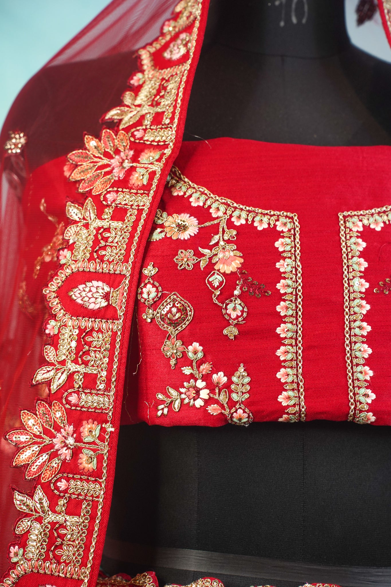 "MANSI 036" Banarasi Munga Silk Lehenga in Bridal Red With Cutwork Border &amp; AD Work – A Regal Masterpiece
