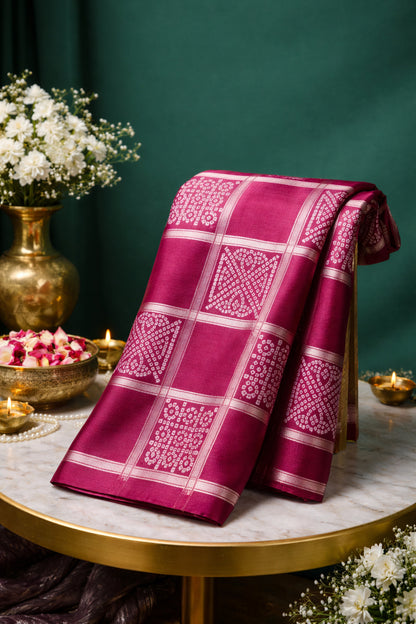 UTSAV BANARAS 371: Classic Maroon Soft Silk Gharchola Check Saree with Silver Zari Work