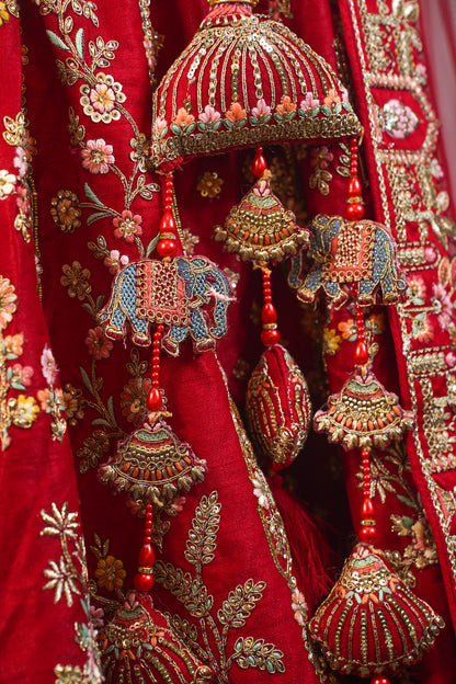 "MANSI 036" Banarasi Munga Silk Lehenga in Bridal Red With Cutwork Border & AD Work – A Regal Masterpiece