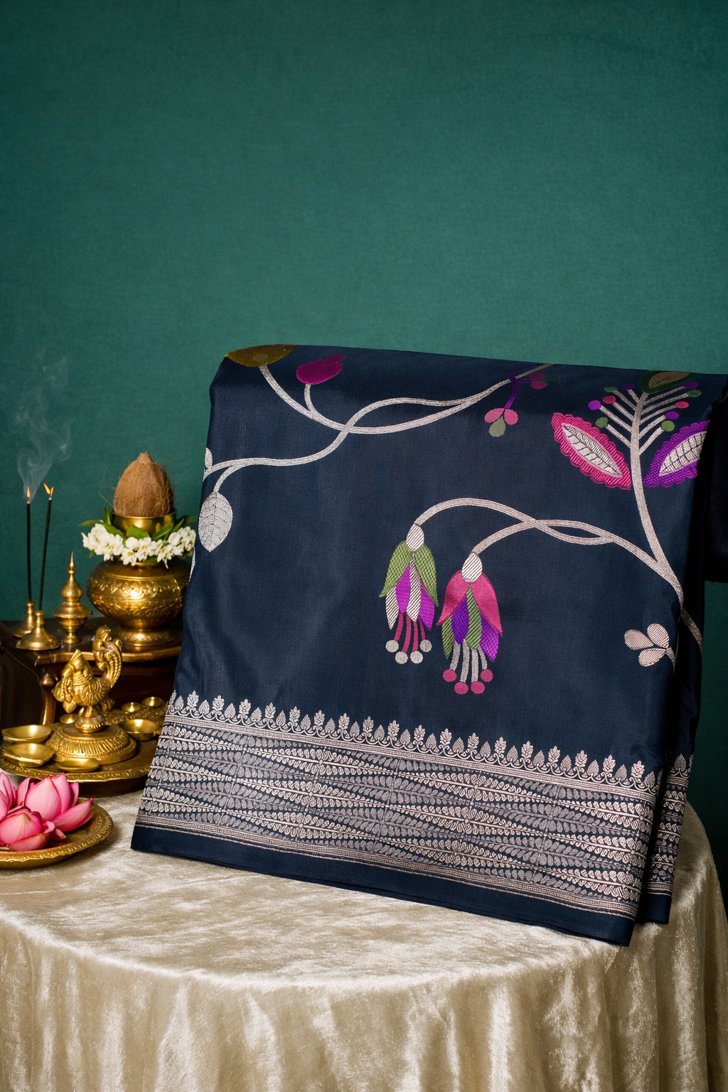 Founder Choice 035: Midnight Black Pure Handloom Katan Silk Saree with Meenakari Tulip Motifs