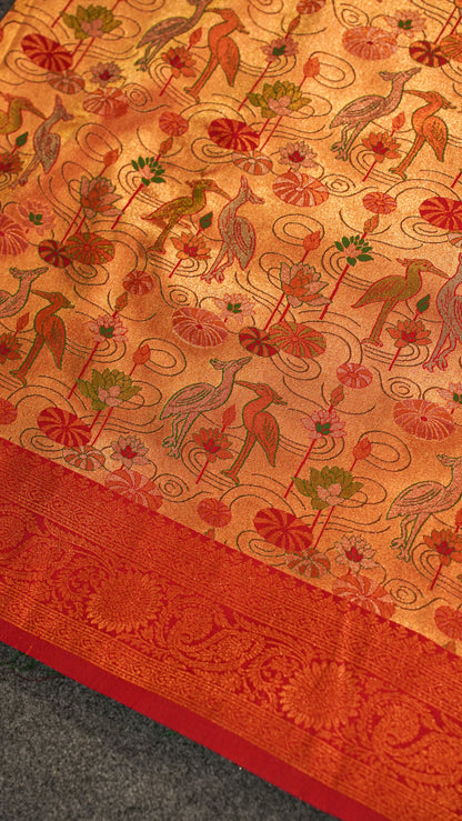 "UTSAV BANARAS 160" Banarasi Golden-Red Kanjivaram Silk Saree