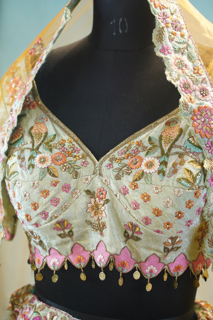 "MANSI 042" Banarasi Tanchui Silk Sequin Work Lehenga with Embroidered Cutwork Border