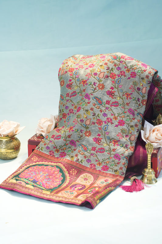 "Waah Banaras 086" Banarasi Meenakari Pashmina Silk Saree with Peacock & Royal Motifs