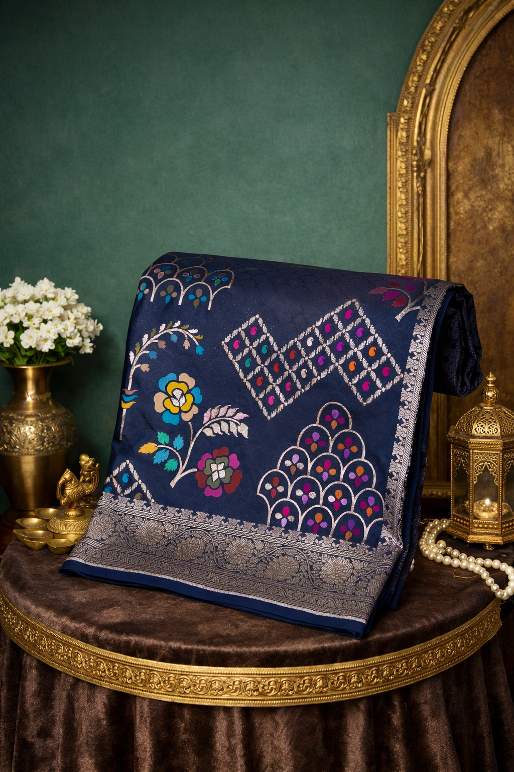 Founder Choice 036: Royal Black Pure Handloom Katan Silk Saree with Meenakari Floral Weaving