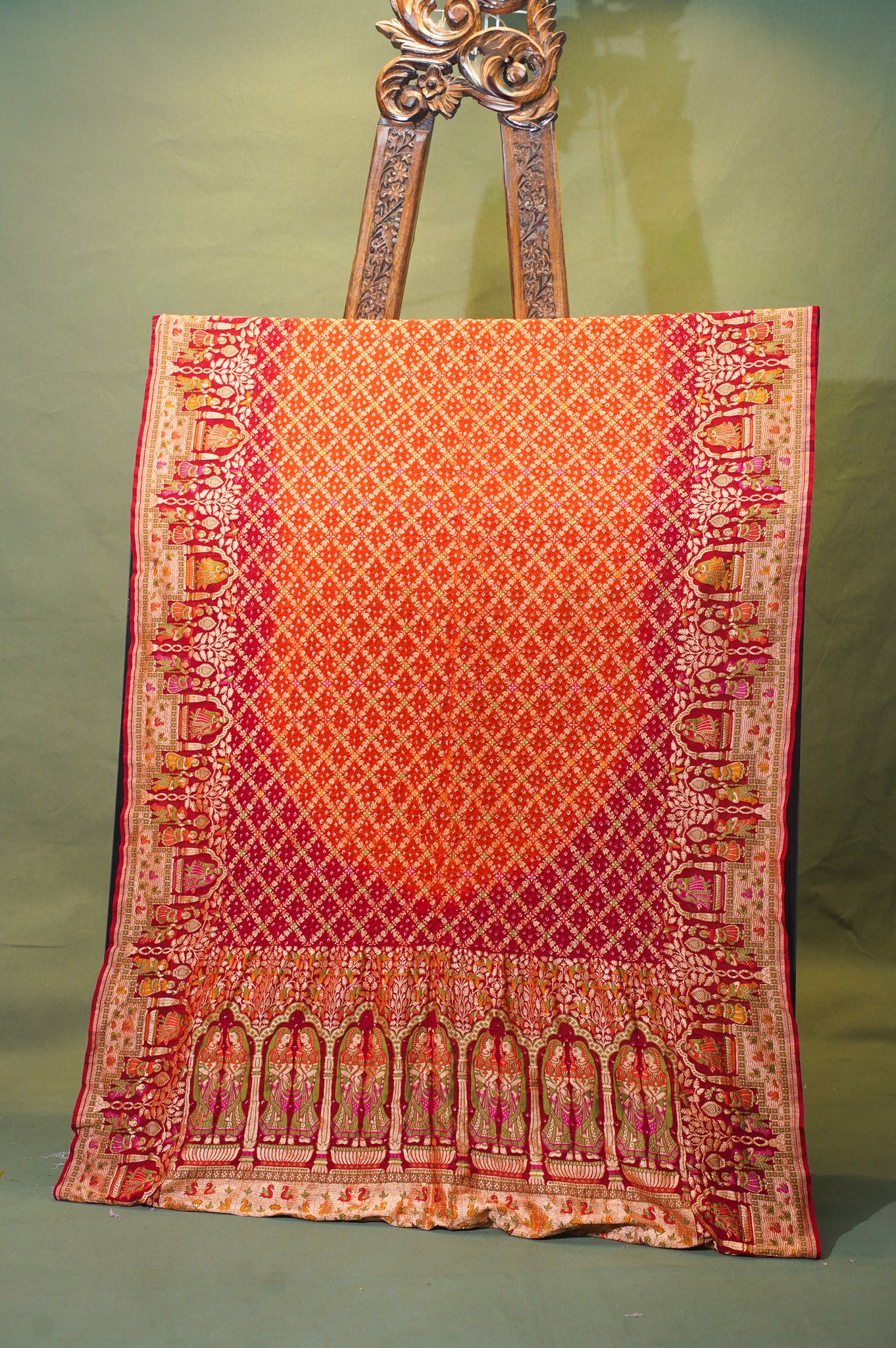 VIRASAT 345: Elegant shade of Red &amp; Orange Pure Banarasi Georgette Silk Bandhani Saree With Meenakari Work on Border